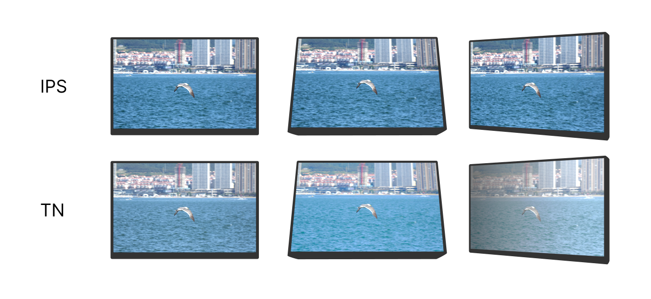 IPS 屏（上）和 TN 屏（下）在不同观看角度的效果差异示意图
